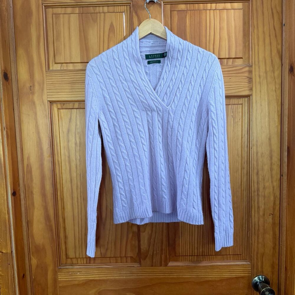 Lauren Ralph Lauren Light Purple Cashmere Cable Knit V-Neck Sweater Size S
